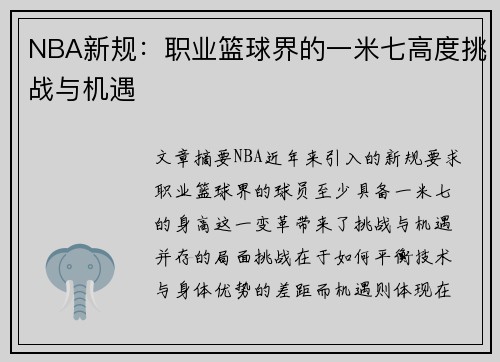 NBA新规：职业篮球界的一米七高度挑战与机遇